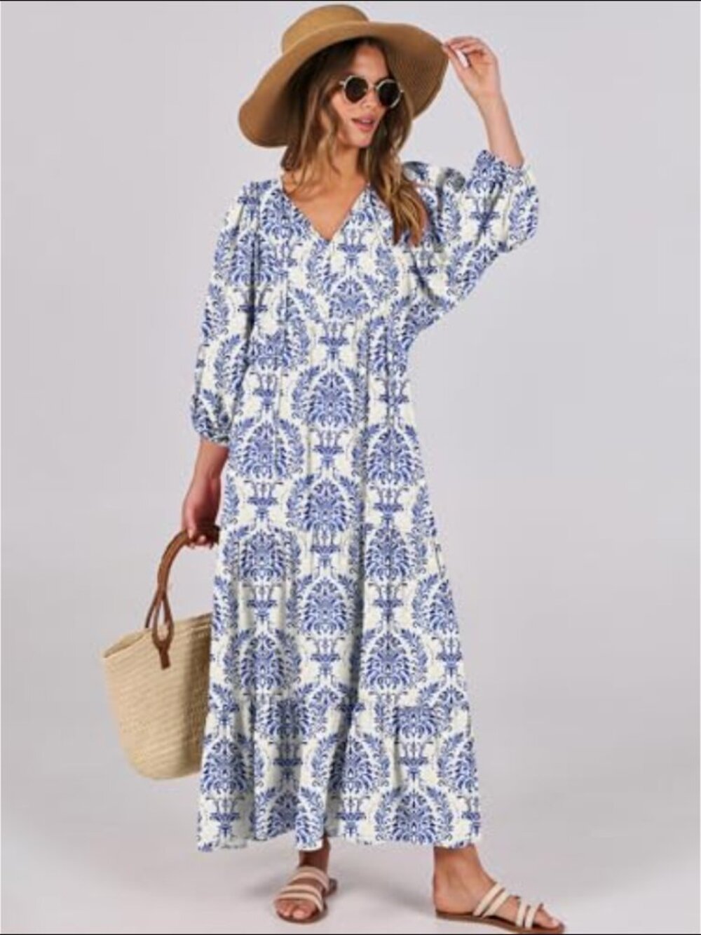 Womens V Neck Floral Maxi Dress Blue Puff Sleeve Empire Waist Boho Coastal Artsy